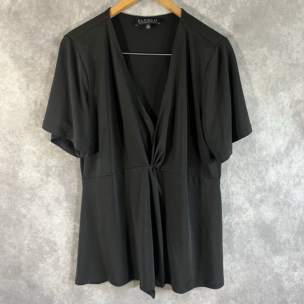 Eloquii V-Neck Twist Front Top Women 18 Black Short Sleeve Peplum Blouse